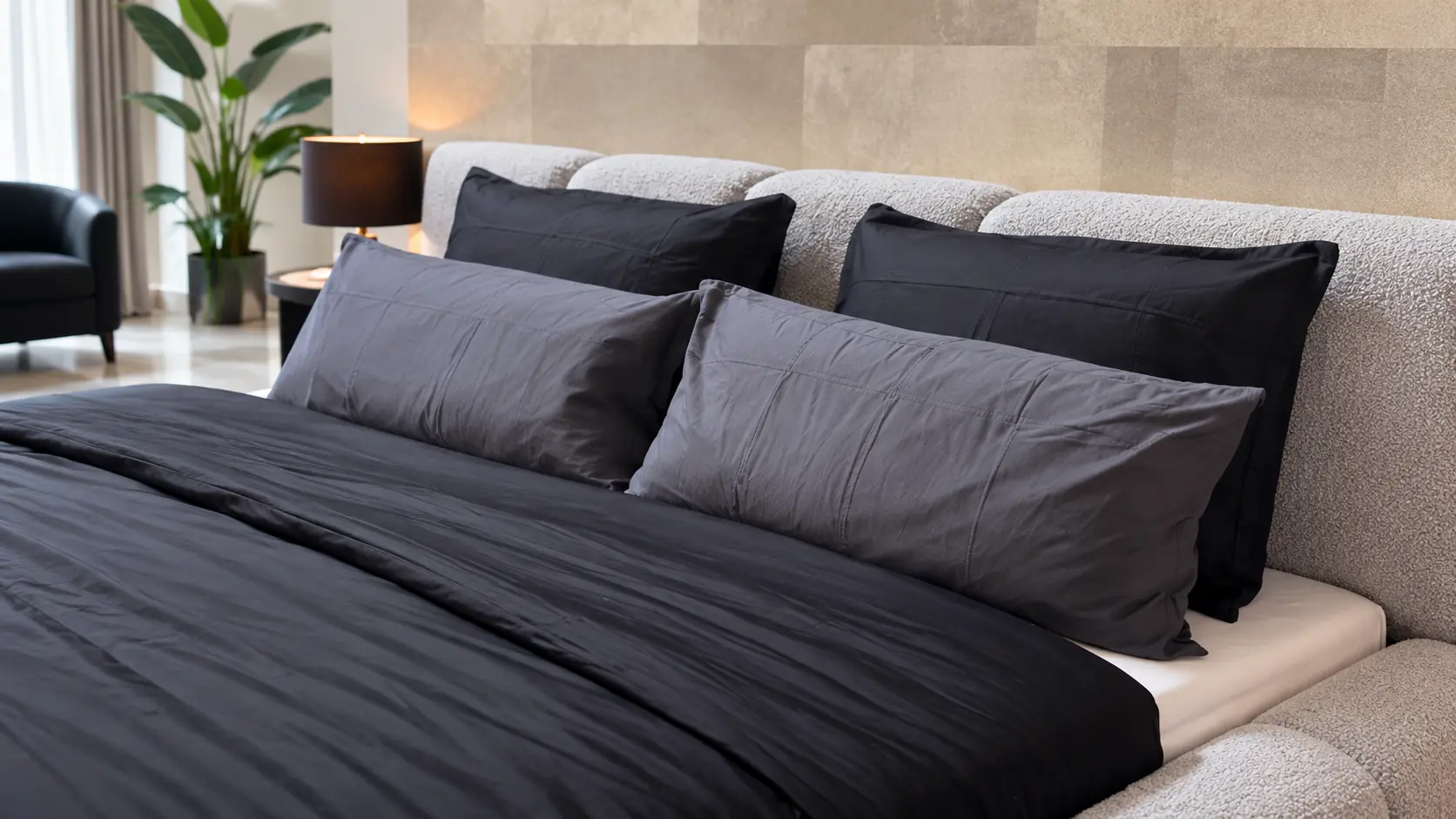 Charcoal bedding on an upholstered bed in a warm, modern bedroom