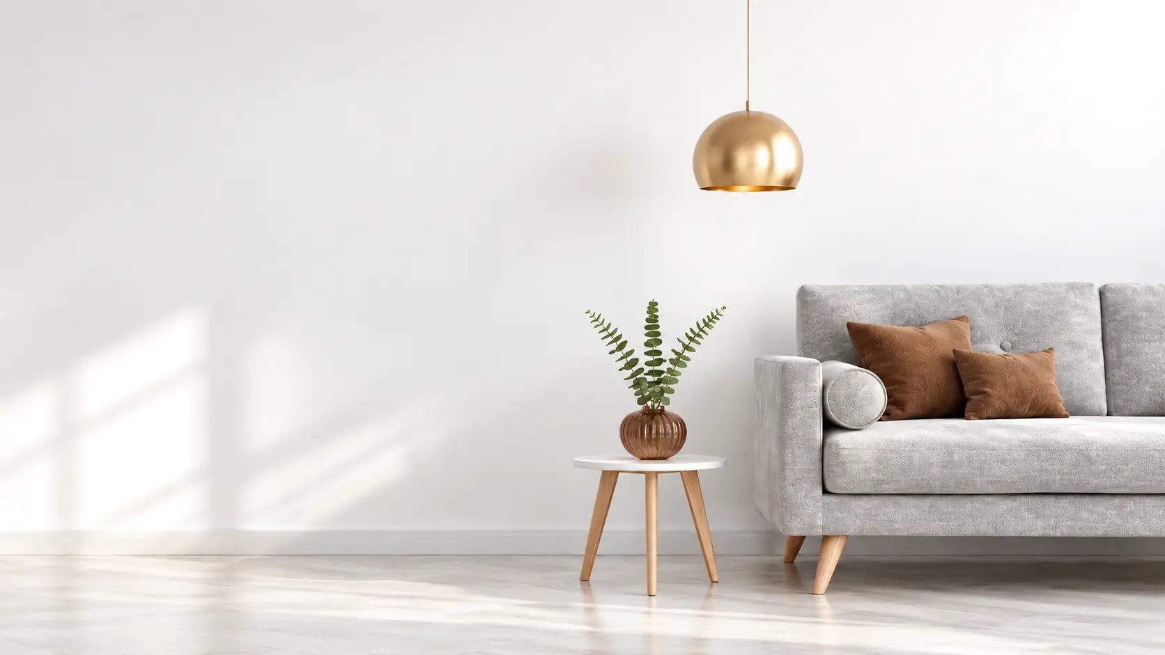 Grey sofa with brown cushions beside a small wooden side table in a bright living room