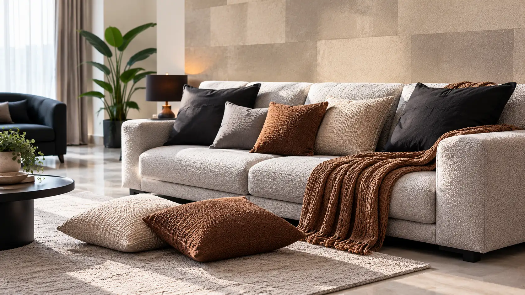 Grey sofa with black and rust cushions and a knitted throw in a warm, modern lounge