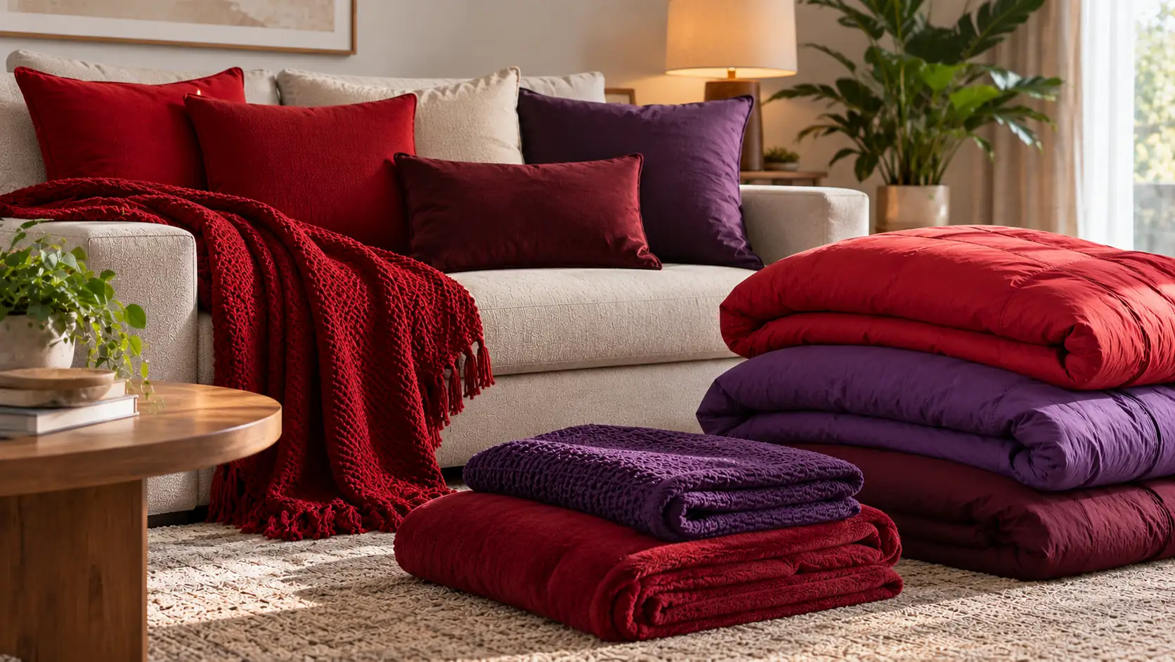 Folded red and purple duvets and blankets stacked beside a cream sofa